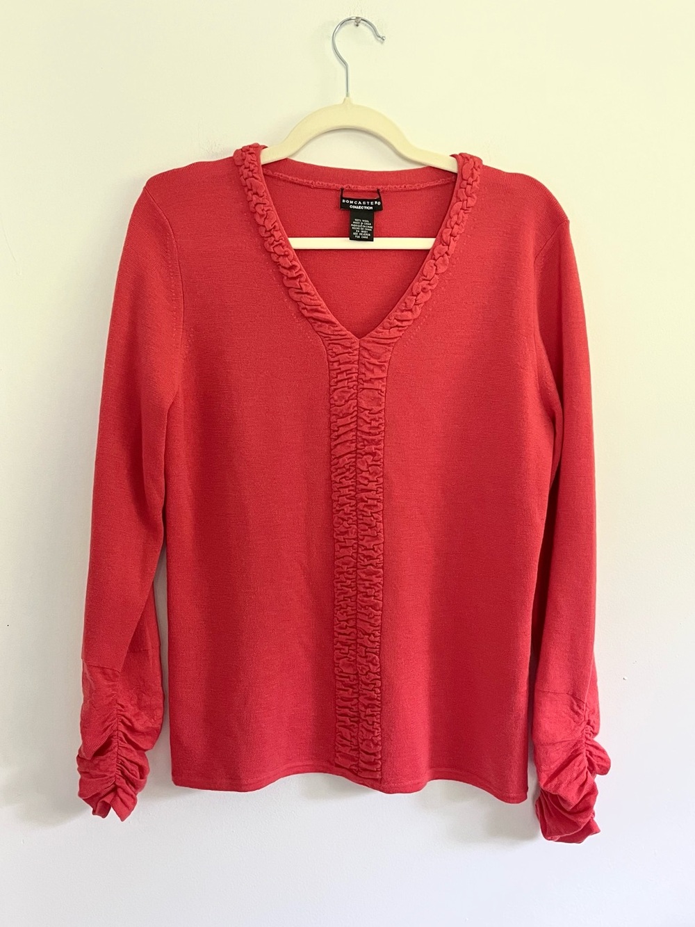 Vintage Doncaster 100% Wool Coral V-Neck Ruffle-Trim Sweater Quiet Luxury Fall L